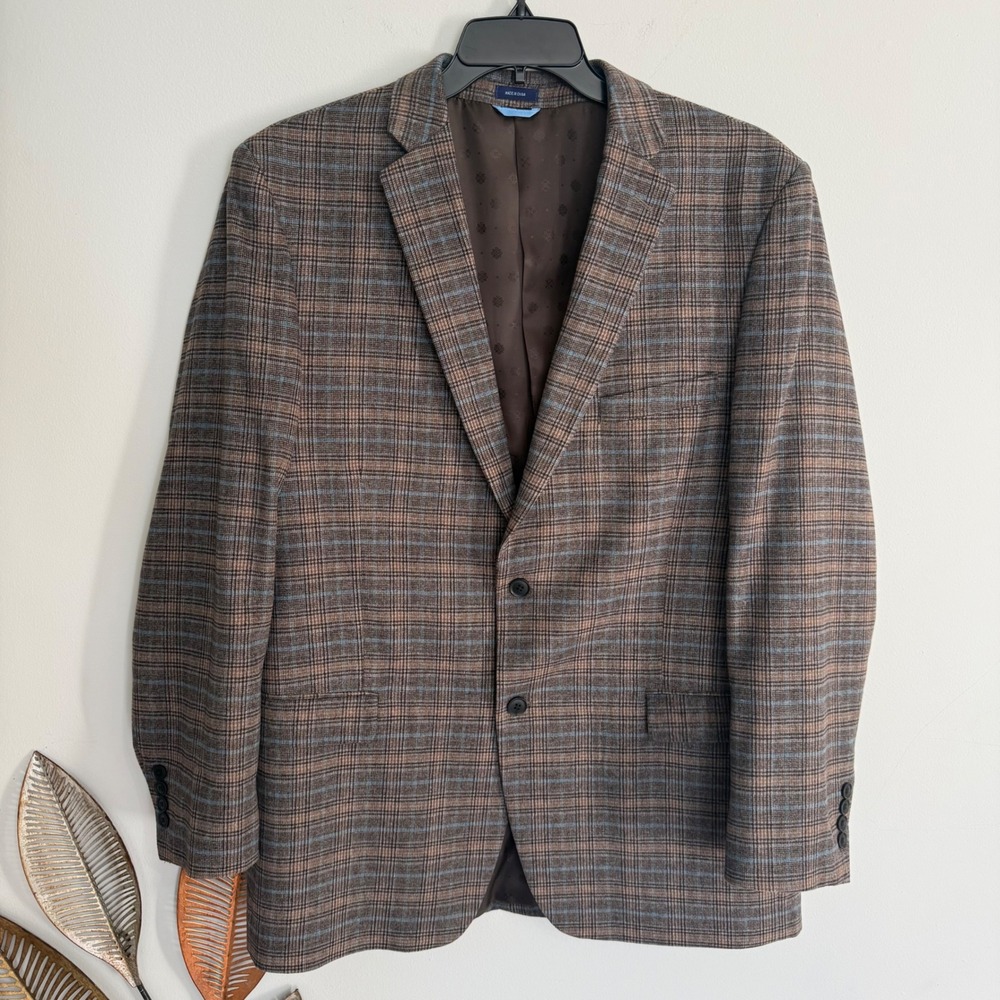 MADE Cam‎ Newton Mens 44L Sport Coat Blazer Brown Blue Plaid Wool Blend